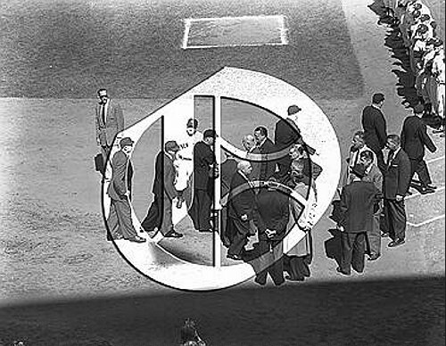 Umpires greet Eisenhower at World Series Game 1 at Ebbets Field56N0238